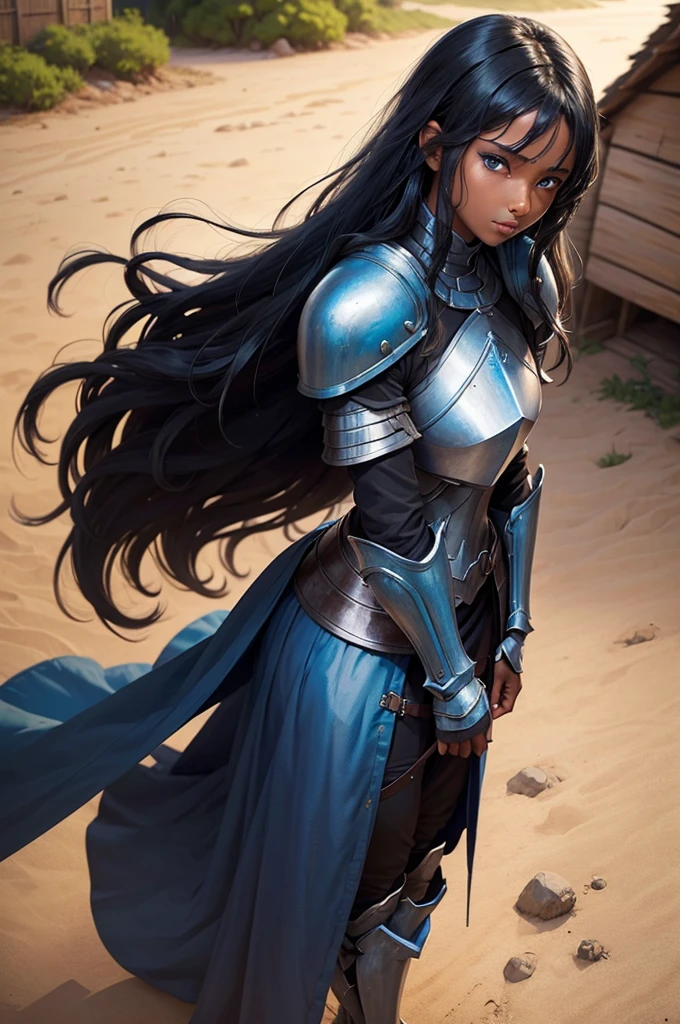 
(woman in simple armor) guard of a poor village, (medium height), dark skin, very very wavy black hair, vibrant blue eyes, setting of a small simple humble village, bright colors, anime style, RP