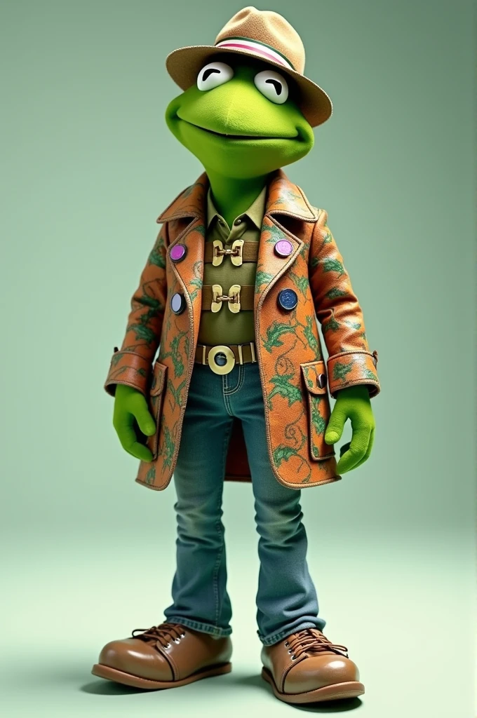 Kermit the frog wearing chrome heart jeans Gucci shirt and fitted hat