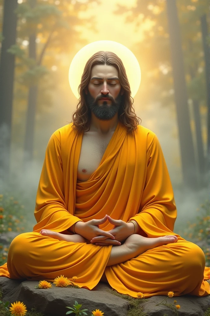 Combination of budha and jesus in safron dress