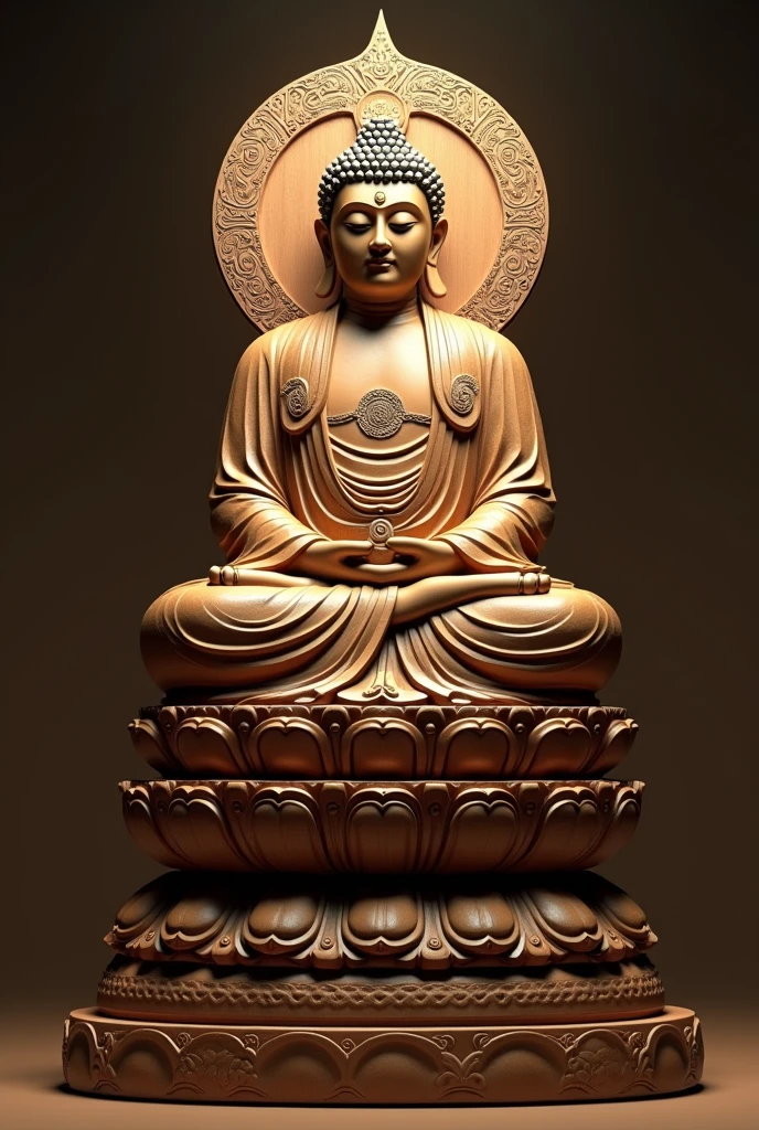 a highly detailed and realistic 3d render of an intricately carved wooden sculpture of buddha shakyamuni, serene expression, lotus throne, halo behind the head, ornate robe details, dramatic studio lighting, warm color palette, photorealistic, (Nipples not depicted)