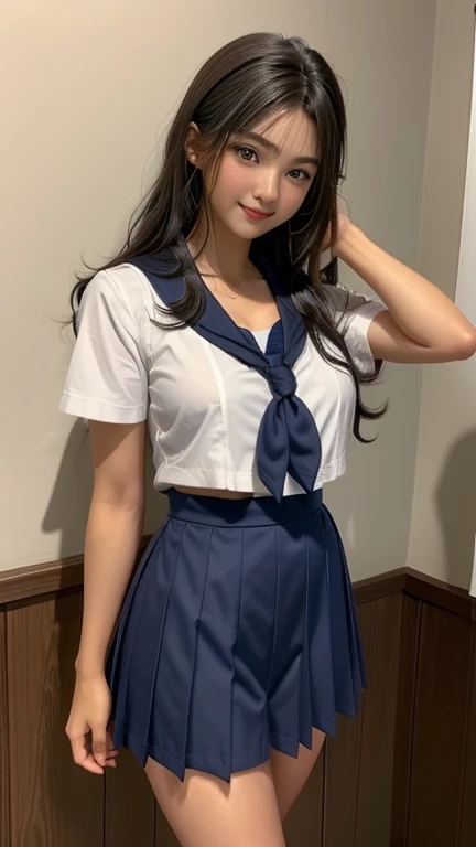 (Highest quality,masterpiece:1.3,Ultra-high resolution),(Very detailed、Caustics) (Realistic:1.4, RAW shooting、)Ultra-Realistic Capture、Very detailed、Natural skin texture、masterpiece、(junior high school sailor suit:1.3)、Short-sleeved sailor uniform、1 Japanese girl、Adorable expression、Expressions of happiness、、Young Face、Amazingly cute、Twin tails、Curly Hair、Black Hair、Scrunchie、light makeup、Breasts so big that they almost burst、Bare arms、This photo was taken in a middle school classroom...、Shining thighs、Shooting from the side、smile、An inviting gaze、The exact number of fingers on each hand、Cowboy Shot、