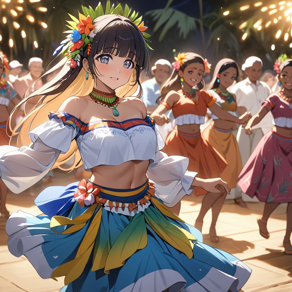 ((Highest quality)), ((masterpiece)), (detailed), (Perfect Face)、The woman is Reika Aoki with semi-long hair、A woman is dancing the Mauritian folk dance Sega dance in a costume of the Mauritian folk dance Sega dance in Mauritius, Africa