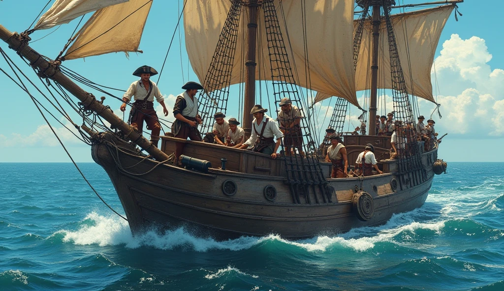 A scene depicting pirates at sea, with a focus on the diverse crew members interacting and working together. The backdrop includes the vast ocean, symbolizing freedom and the pursuit of a life outside societal constraints. The image evokes the complex choices these men faced and their struggle for freedom. 18th century pirate ship scenery