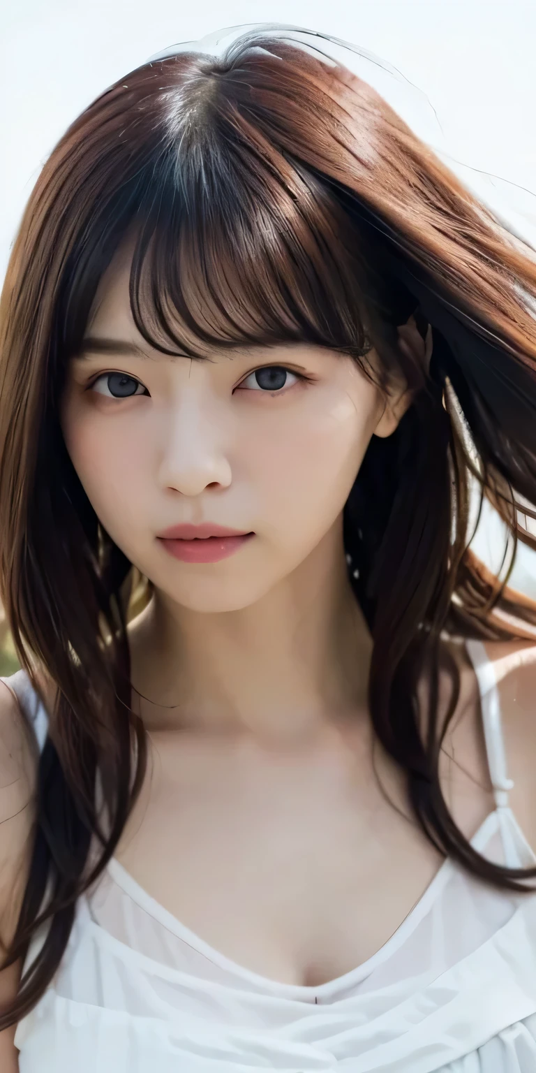 masterpiece、Highest quality, Ultra-high resolution、8k,photograph、1 person, (Skin dents), {{Large Breasts:1.8}}, bright, Blurred Background, (Asymmetrical bangs, Please comb your hair、very long wavy hair:1.5), (Floating Hair:1.0)、(Gathered camisole that fits snugly around the chest)、(Pale lavender gathered camisole)、soft, drooping udder、I can see the cleavage、Heterochromia iridis、The upturned, narrow eyes are cute、sad、grassland、Spring Sky、Soft sunlight