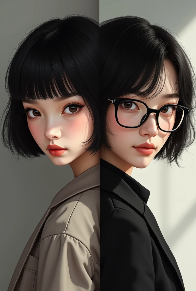 a woman with short black hair and bangs with white skin and a man with glasses with black hair and white skin