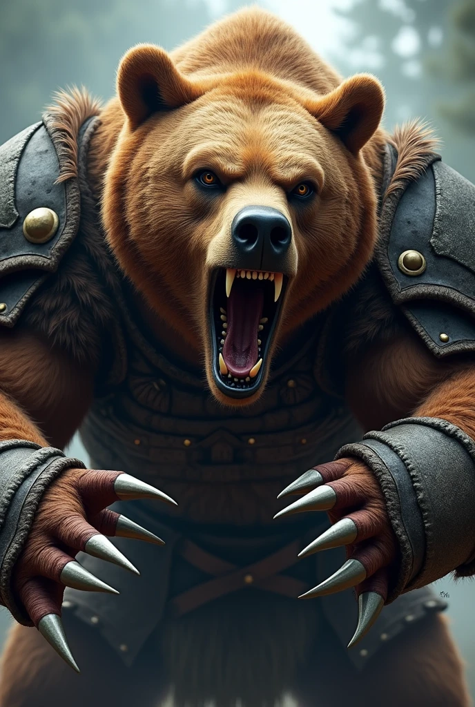 close up face angry warrior bear, claws showing, attacking, viking armor, kick, ax in hand