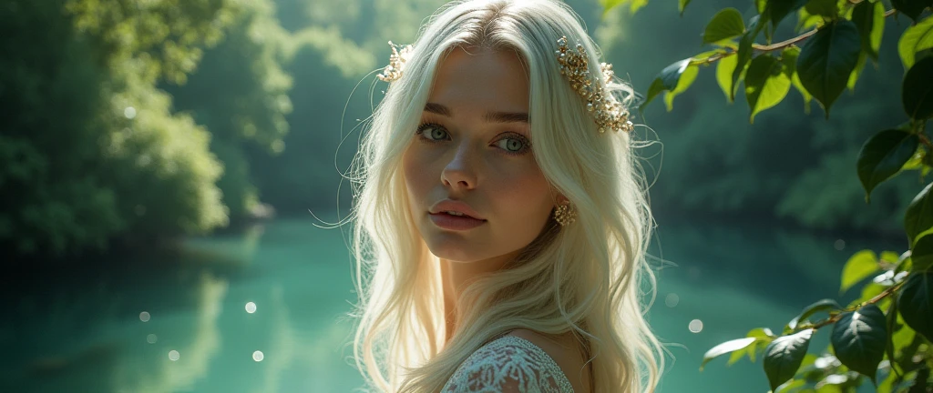  A luminous Russian girlfriend, her skin shimmering with delicate opalescent hues, stands amidst a