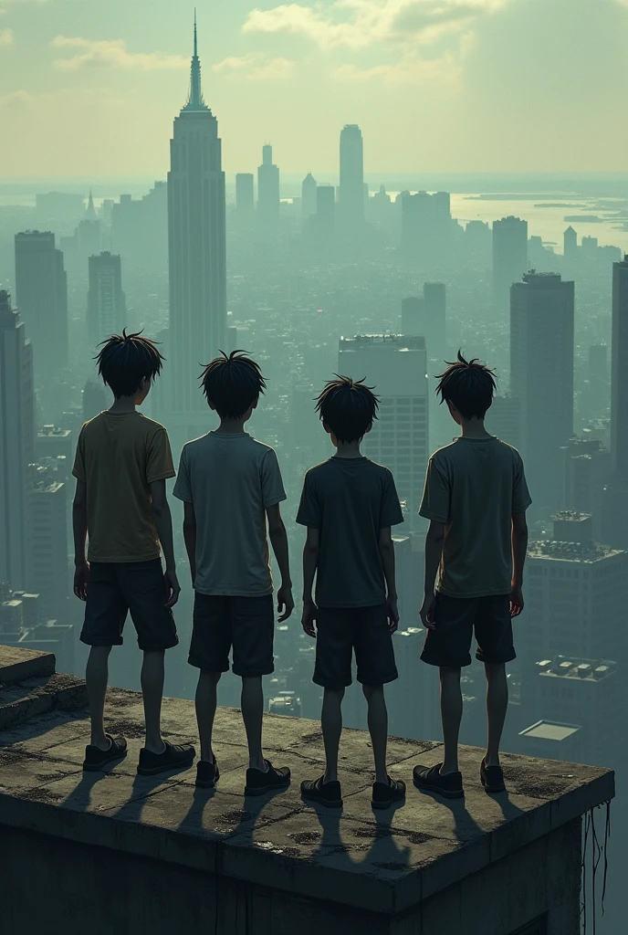 four  boys on top of a building looking at the city, depressive atmosphere, "unlimited power" style