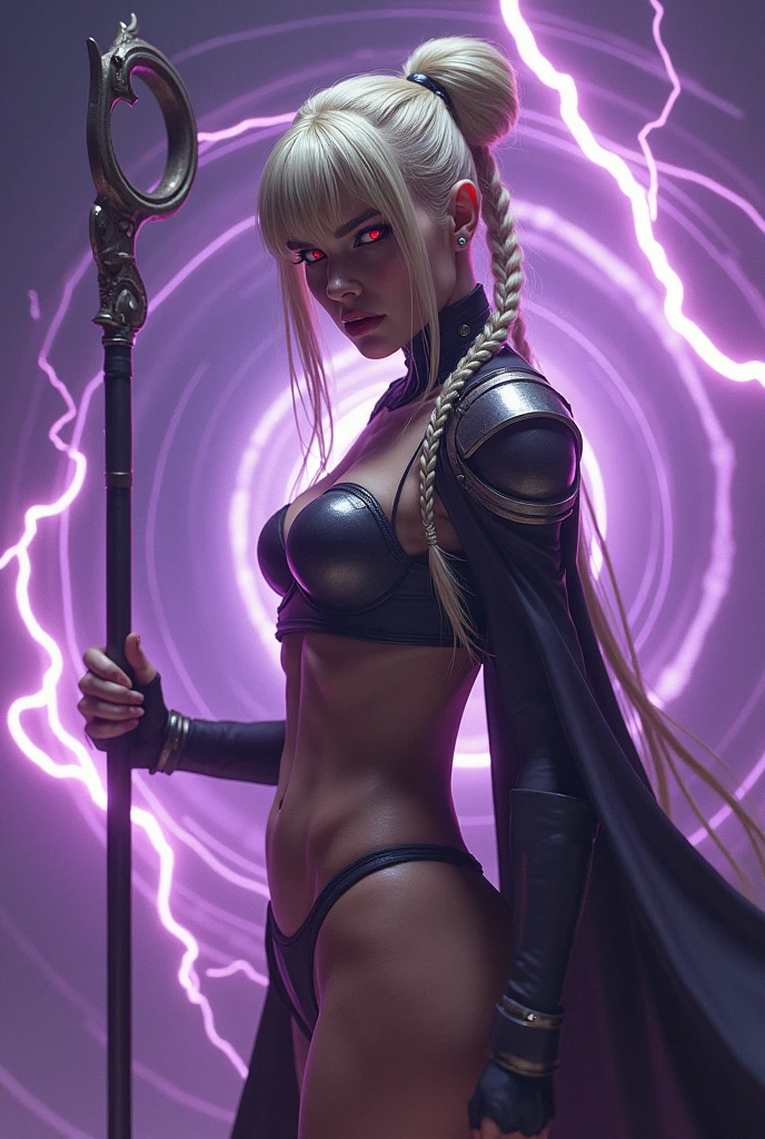 very old woman of 80 years ,with many wrinkles on the skin,She is a warrior goddess,with very long straight hair with braids, bun and blonde bangs,con armadura very sexy minimalista,Fitness ass,cuolna,very big tight tits,minimalist set,with a powerful staff,red eyes,eyes thickly lined with black,With horns,very sexy,very skinny body,too thin waist,ass with thong,posing sideways,LOOKING AT THE SPECTATOR,surrounded by magical energy,surrounded by violet fire and electric rays,with a furious face of anger,showing angry teeth,Real photo,human photo,photo without animation,Real photoista,non-animated photo,