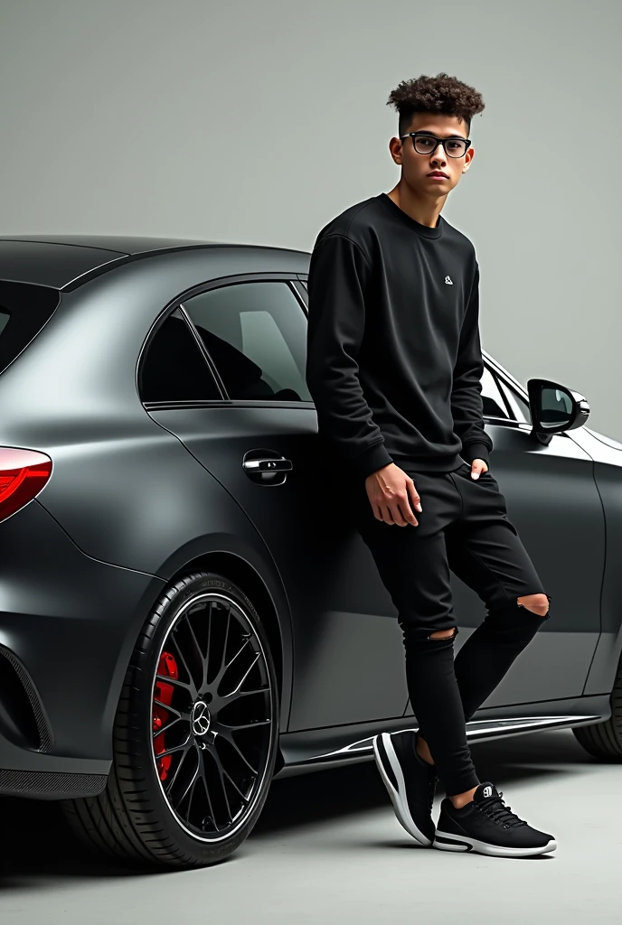 Realistic HD photo from different angles of a black AMG A45 S with red calipers and a spoiler, Sporty diffuser and side skirts in carbon fiber, and leaning on him a young man with square glasses and short curly hair with a taper fade cut and a black Nike sweatshirt, ripped black pants and nike, and that the amg comes out very complete