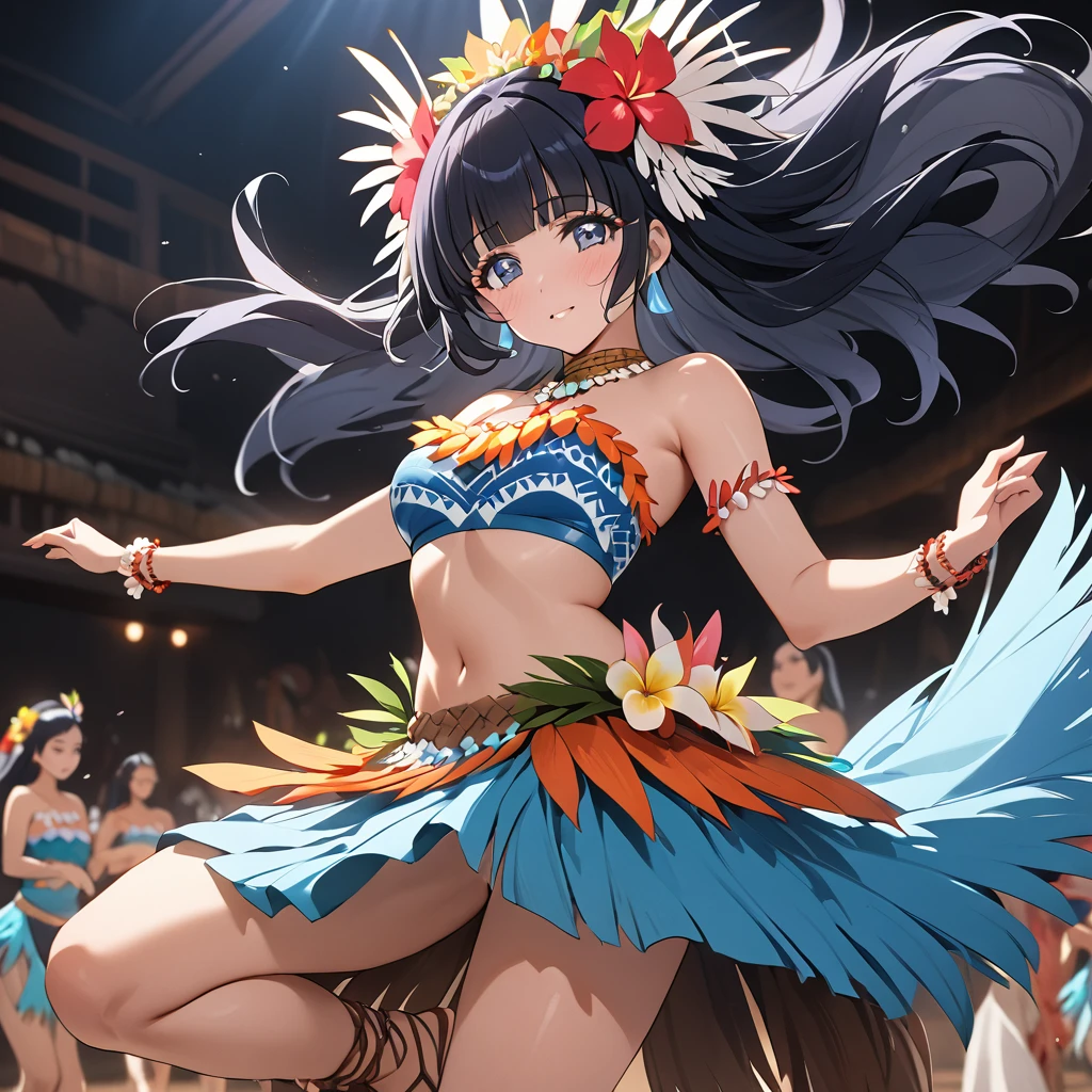 ((Highest quality)), ((masterpiece)), (detailed), (Perfect Face)、The woman is Reika Aoki with semi-long hair、The woman is wearing a Tahitian dance costume and dancing the Tahitian dance Toere.