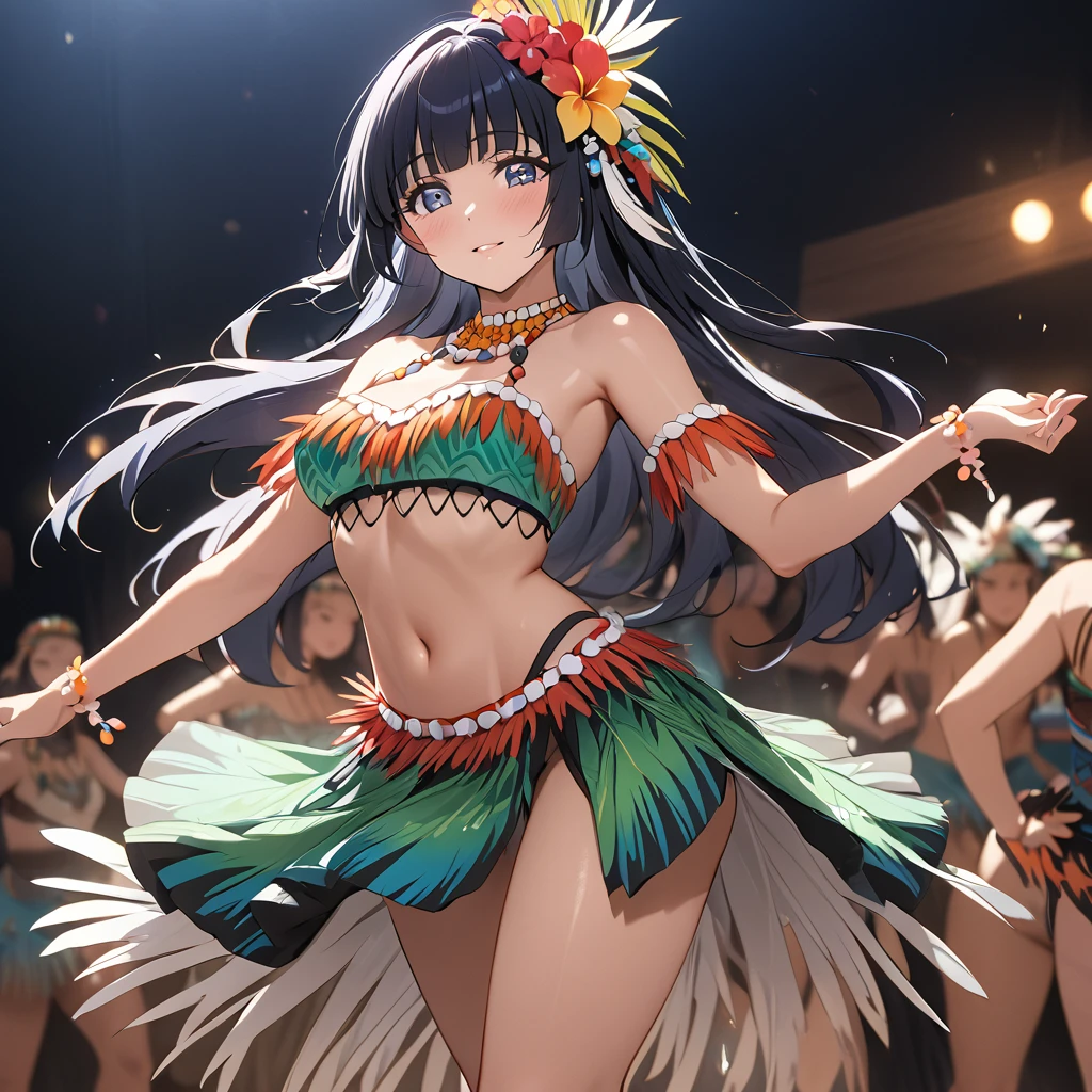((Highest quality)), ((masterpiece)), (detailed), （Perfect Face）、The woman is Reika Aoki with semi-long hair、The woman is wearing a Tahitian dance costume and dancing the Tahitian dance Toere.