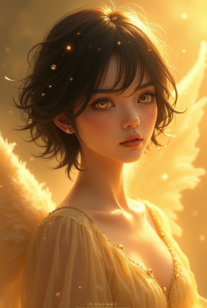 photo realist, golden angel, Chinese ethnicity, short hair with golden highlights at the back, black eyes with golden pupil