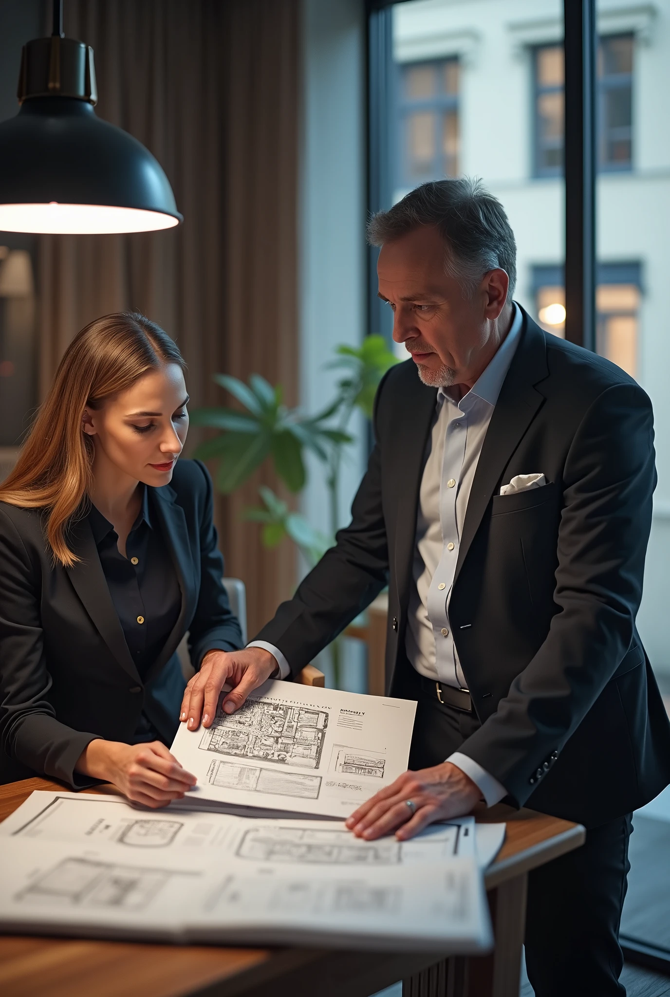 "Generate an image of an investor in the process of purchasing a productive property, such as a commercial space with a AAA brand or a well-known franchise. The scene should depict the investor in a modern, professional office, reviewing documents and plans of the property with a real estate agent or advisor. The commercial space should be shown as a well-designed area with a facade featuring the logo of a high-end brand or a famous franchise. The background of the image should suggest a high-quality and sophisticated environment, reflecting success and professionalism in the field of real estate investments."