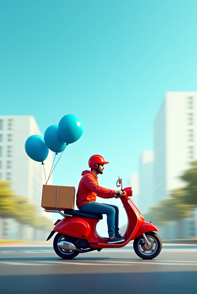 Delivery order on motorcycle bike red balloon with blue background