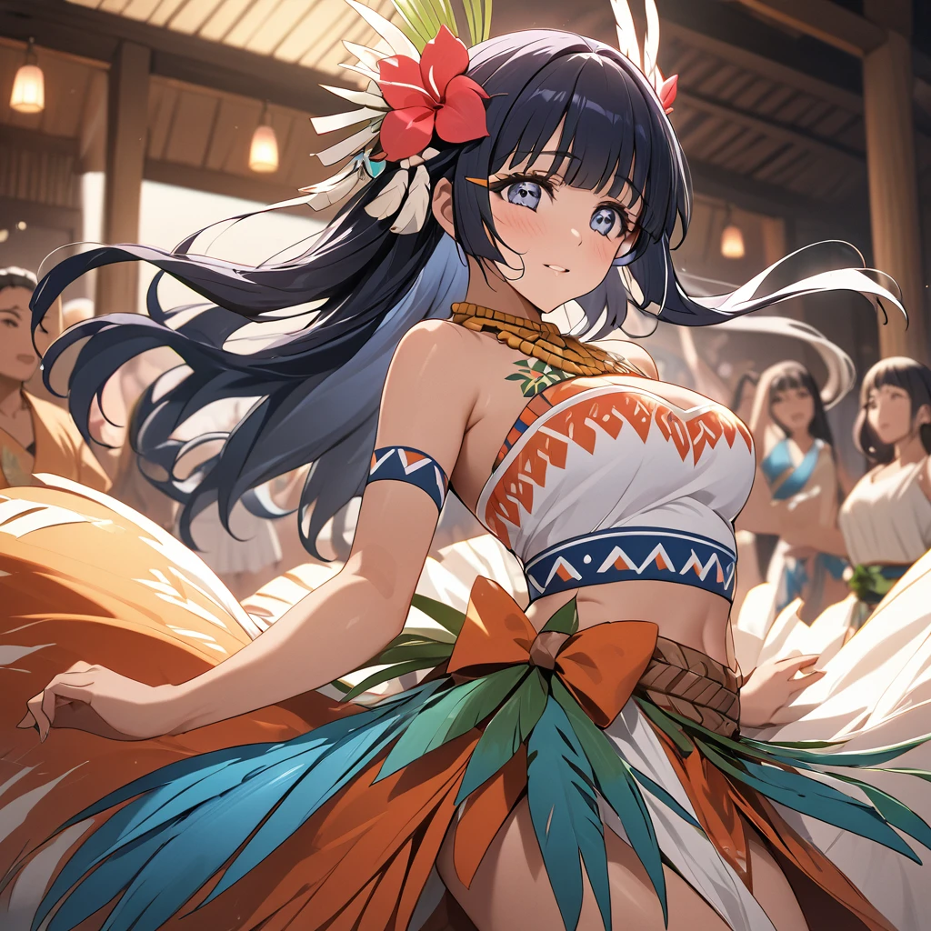 ((Highest quality)), ((masterpiece)), (detailed), (Perfect Face)、The woman is Reika Aoki with semi-long hair、A woman is wearing a Polynesian dance costume and dancing a Polynesian dance