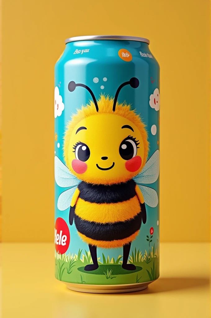 A soda can with a bee drawn on it 