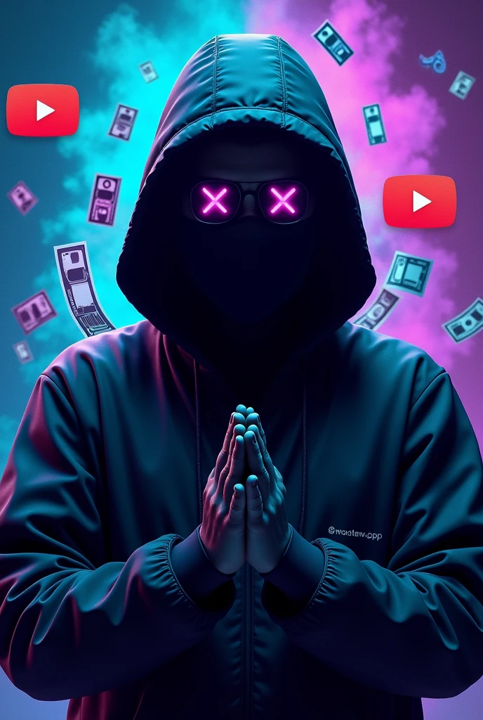 "Create a high-resolution, visually striking course cover image featuring a male figure hiding his face with a mask or covering that makes it difficult to identify his features, ensuring a high level of anonymity. The figure should be positioned dynamically in an action pose to emphasize secrecy. Use a vibrant and colorful background with a gradient or abstract design, incorporating rich, contrasting colors like deep blue, purple, and dark gray to add depth and visual interest, with a highly detailed and vibrant appearance. Place symbols of financial success, such as dollar signs ($), stacks of bills, or currency icons prominently behind the male figure, ensuring they are bold, highly detailed, and sharply contrasted. Integrate images of the TikTok, YouTube, and Kwai app icons into the background with exceptional clarity and resolution, making them large, prominent, and highly visible against the colorful backdrop. Include visual references to video editing, such as camera icons, film reels, or editing software icons (like scissors or a timeline), also in high resolution and vivid detail, subtly blended into the background but remaining clear and detailed. The overall style should be sleek and modern, with a balanced composition that ensures the main subject and thematic elements (money, video editing, and app icons) are visually harmonious and impactful. Avoid any text or written elements. The image should effectively convey the concepts of financial success through video content creation and the presence of popular video platforms while maintaining the theme of anonymity."
