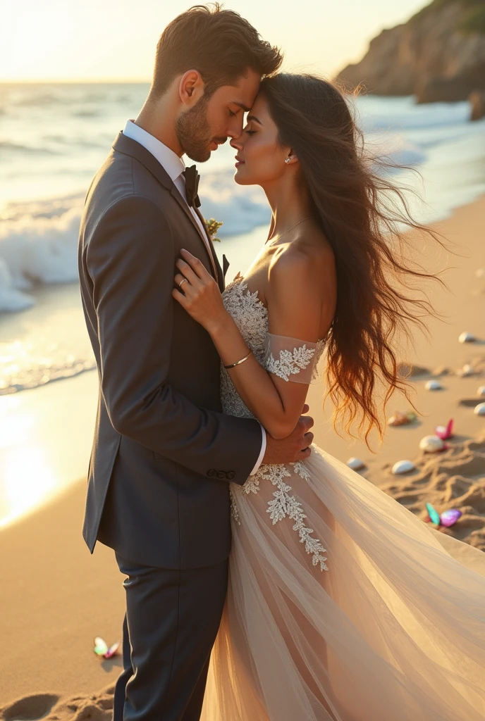 a captivating and enchanting, photorealistic, hyper ultra-realistic, mesmerizing wedding scene on a beach with a strikingly beautiful couple expressing deep love, the groom in an elegant suit, the bride in an intricate lace dress, their hair flowing in the wind, in 8K resolution with sunkissed lighting, soft focus, delicate iridescent butterflies, seashells, and starfish scattered on the sand