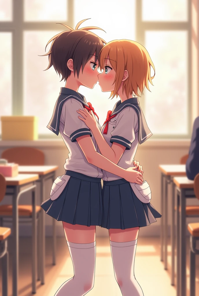 Two cute anime femboys kissing and touching in the classroom full body white high thighs wearing adult baby diapers and a school uniform skirt
