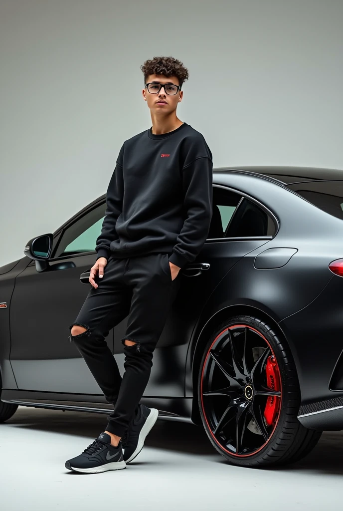 Realistic HD photo from different angles of a black AMG A45 S with red calipers and a spoiler, Sporty diffuser and side skirts in carbon fiber, and leaning on him a young man with square glasses and short curly hair with a taper fade cut and a black Nike sweatshirt, ripped black pants and nike, and that the amg comes out very complete