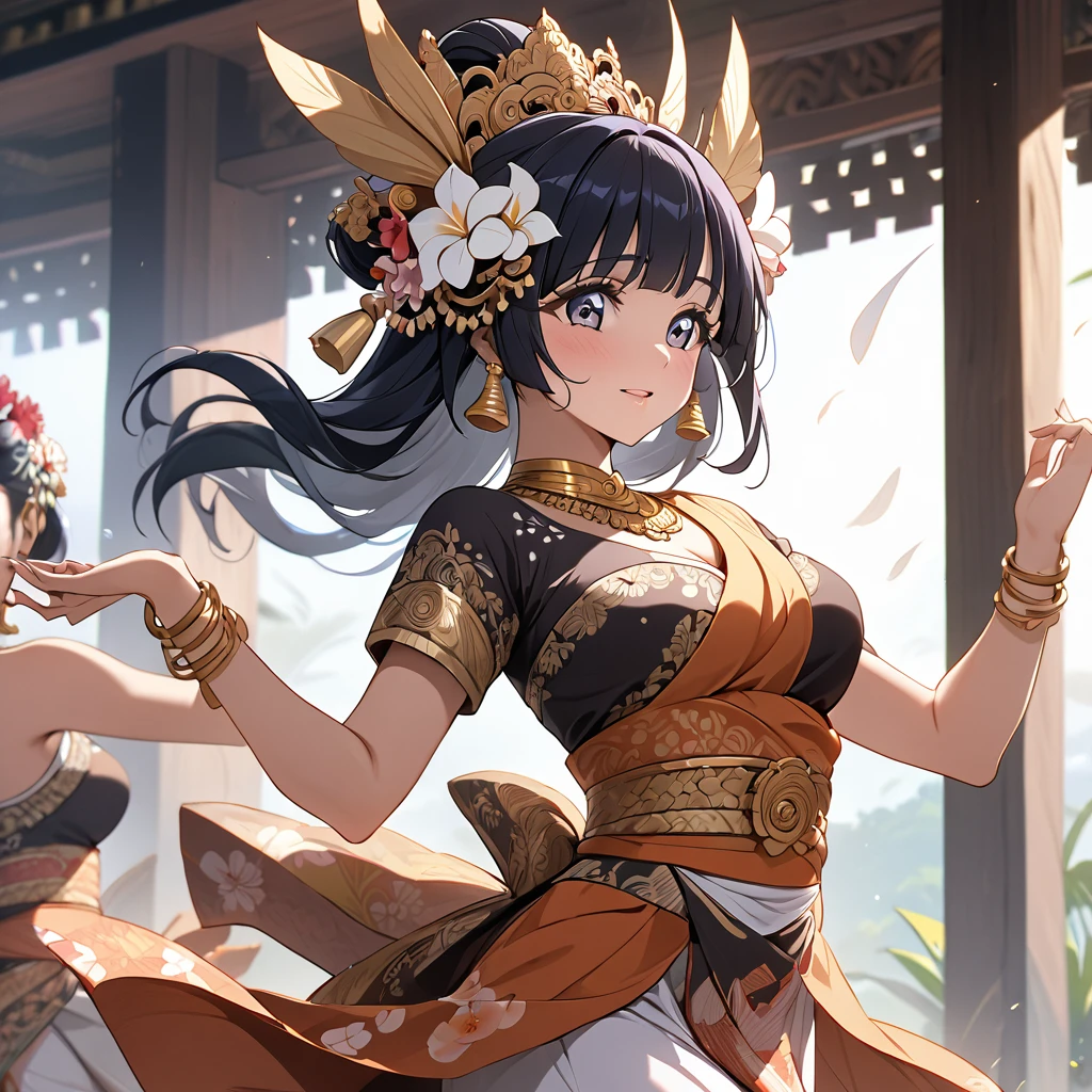 ((Highest quality)), ((masterpiece)), (detailed), （Perfect Face）、The woman is Reika Aoki with semi-long hair、A woman is dancing a Balinese dance in a Balinese costume in Bali, Indonesia