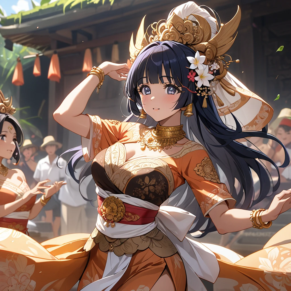 ((Highest quality)), ((masterpiece)), (detailed), (Perfect Face)、The woman is Aoki Reika, a brown-skinned Indonesian with semi-long hair.、A woman is dancing a Balinese dance in a Balinese costume in Bali, Indonesia