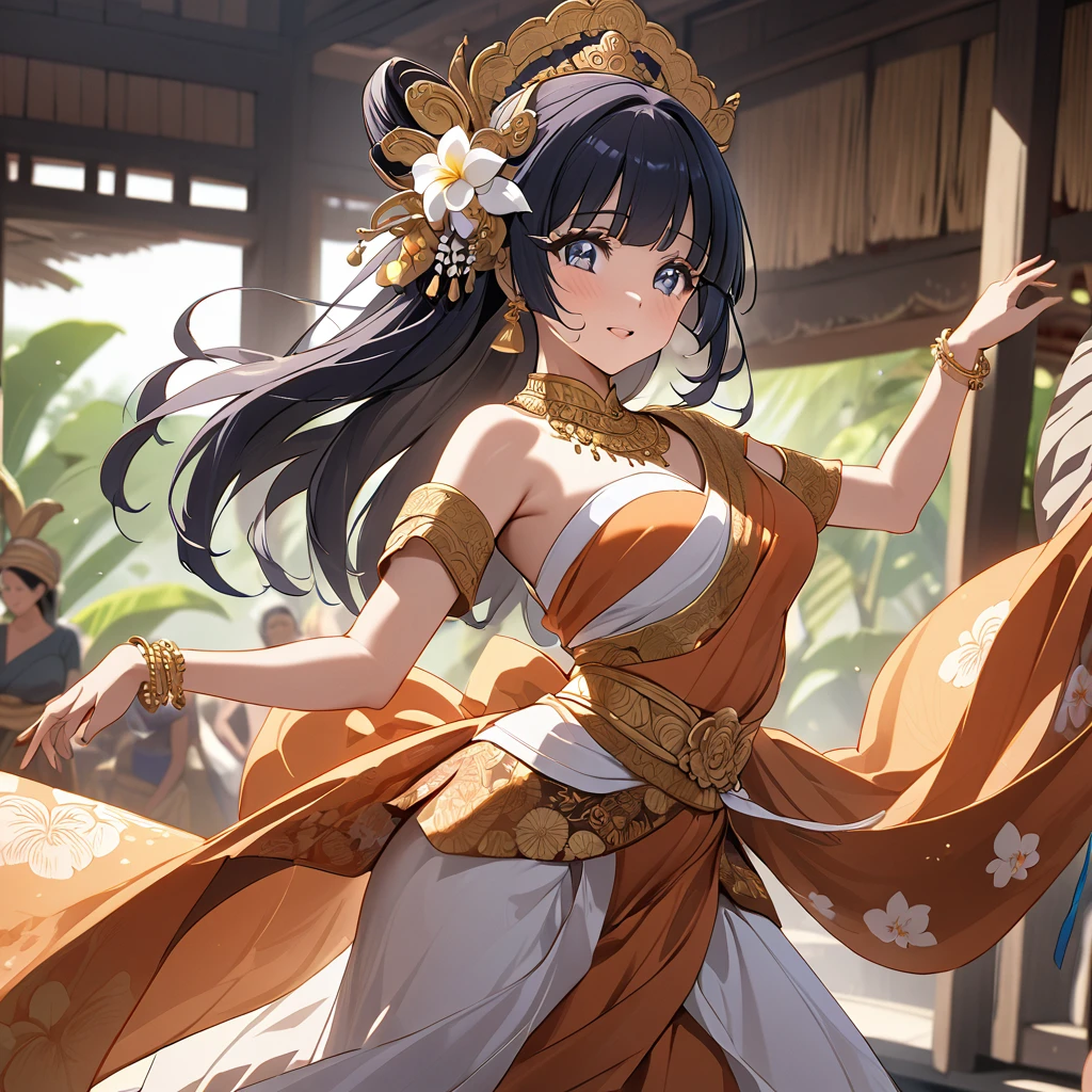 ((Highest quality)), ((masterpiece)), (detailed), (Perfect Face)、The woman is Reika Aoki with semi-long hair、A woman is dancing a Balinese dance in a Balinese costume in Bali, Indonesia