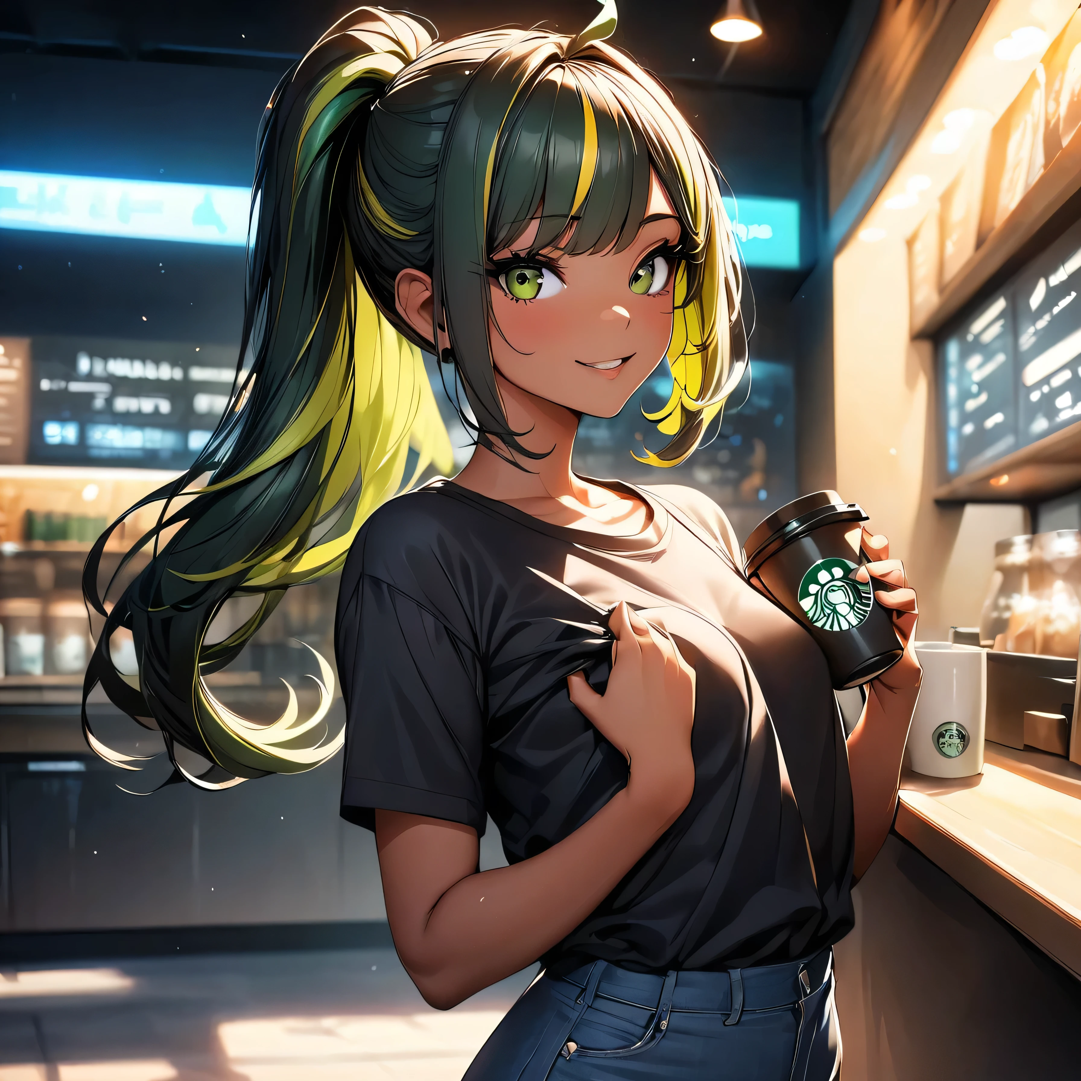 (highest quality:1.2, Very detailed, up to date, Vibrant, Ultra-high resolution, High Contrast, masterpiece:1.2, highest quality, Best aesthetics), Portraiture、girl、((slim:1.5)), Bright colors、Beautiful fine details、Beautiful lip detail、long hair, (ponytail:1.3), white and yellow green ((streaked hair:1.6)), highlights hair: 1.5, (small breast,:1) (tan skin:0.9), drinking coffee:1, holding coffee cup, sit in Starbucks, black t-shirt, happy:1.5, look at viewer, cowboy shot:1