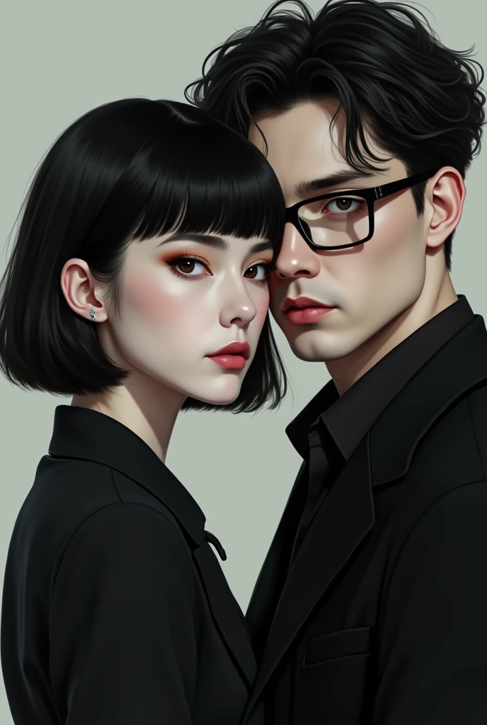 a woman with short black hair and bangs with white skin and a masculine man with glasses with black hair and white skin