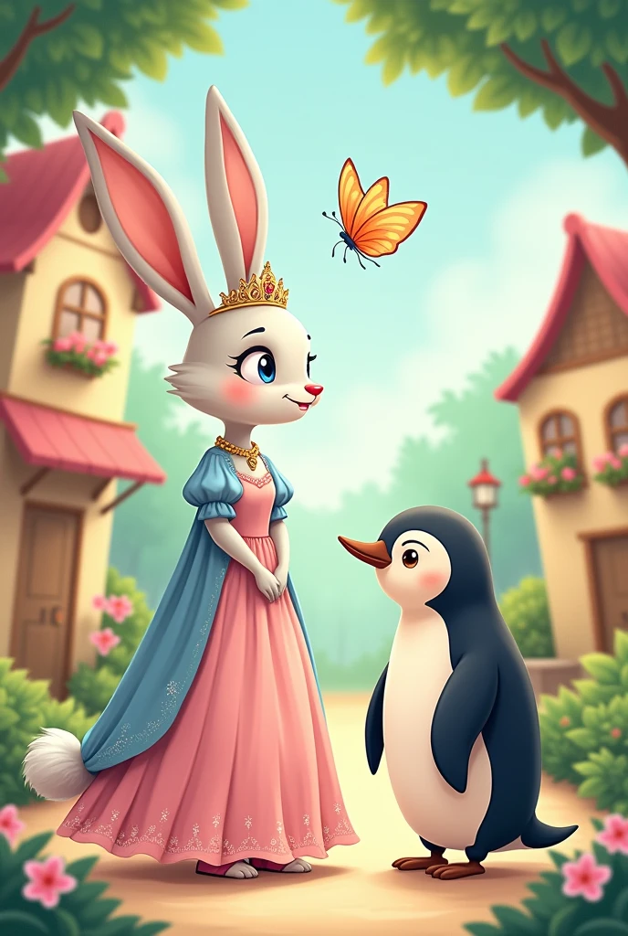 A white tall female rabbit in a gown in soft shades of pink and blue wearing a crown tiara talking friendly with a tall cute penguin 2 butterflies are fluttering above them. The scene should be in a cozy village Vector illustration art, cartoon illustration