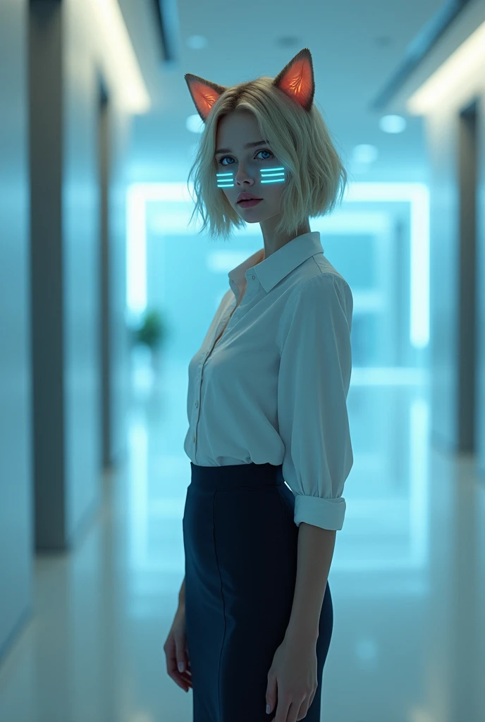 (photorealism:1.2), beautiful woman, swedish, blonde,sad, pensive, assistant, pencil skirt, 18yo, corporate lobby, white floor and ceiling, blue lighting, hologram, projection,looking at camera, short hair, glowing blue line around her face, cat ears, cat tail