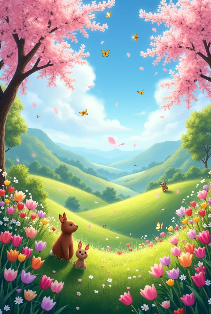 "Create a vibrant scene showcasing the essence of spring. Include a variety of colorful flowers blooming in full glory, such as tulips, daisies, and cherry blossoms, with petals gently falling. Show animals like butterflies fluttering around, birds perched on tree branches, and small animals like rabbits or squirrels exploring lush green meadows. The background should feature breathtaking landscapes with rolling hills, clear blue skies, and soft sunlight filtering through the trees. Capture the warmth, joy, and renewal that spring brings, with an overall sense of harmony and connection to nature."