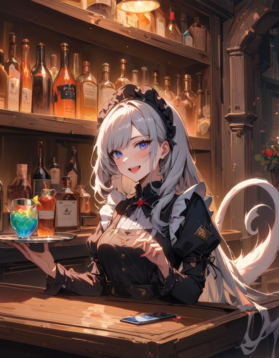 detailed textures, high quality, high resolution, high accuracy, realism, color correction, correct lighting settings, harmonious composition.Cute white-haired anime catgirl wearing a black and pink maid outfit, smiling with an open mouth, spinning and holding a tray of blue drinks in a bar setting, full-body portrait, long legs, and white-tinted hair. at the bar counter. Her white tail is on stage, --ar 3:4 --niji 6, потрясающая текстура и блеск,краснеть, фантастическая глубина резкости, (соблазнительная и роковая), фантастическая тематики, боке, мягкие тона, малая глубина резкости--ar 3:4 --niji 6 , ПЕРЕРЫВ шедевр, Высокий_рез, красивое лицо, Эффект Тиндаля, фото реалистичный, (Высокий detailed skin:1.2), 8К uhd, Высокий quality, Высокий резolution, 4K, 8К, боке