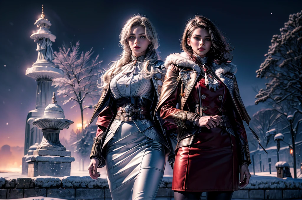 masterpiece,best quality, masterpiece, high detail,detailed face,detailed eyes,rendered eyes,perfect eyes,hip lines,crisp image,detailed,amazing,8k,8k wallpaper,8k background,high detailed skin,high res, (((cowboy shot))), solo, 1girl,looking at viewer,WillowSchnee, . Her attire consists of a white cravat secured by a silver brooch set with a red stone, as well as a light purple jacket with light sleeves, a wide belt around her waist, a matching pencil skirt with black tights and slippers. serious expression, outside stately mansion, snow, ice sculpture at center of hedge maze, standing with military officer, holding wine glass, night, stars, servants and security detail standing by, (volumetric lighting), sharp focus, hyper detailed