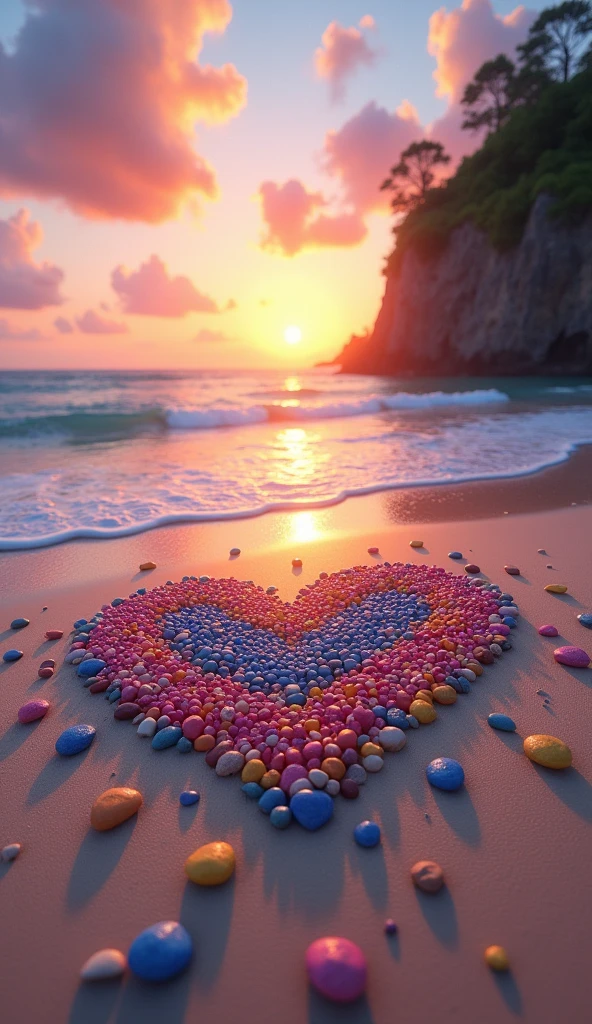 Create a high-resolution, surreal beach scene at sunset with rich, vibrant colors. The sky is filled with a blend of deep oranges, pinks, and purples, reflecting the soft, fading light of the setting sun. Fluffy clouds, tinged with these hues, float across the sky, adding to the tranquil atmosphere.
On the smooth, wet sand, which mirrors the colors of the sky, a large heart-shaped design is crafted from a variety of colorful pebbles and stones. Inside this heart, smaller, smooth stones in bright shades of pink, blue, yellow, and orange are arranged beautifully, creating a harmonious, colorful mosaic. The beach is sprinkled with tiny heart-shaped stones, some of which are floating gently in the air, adding a whimsical, dreamlike touch.
Gentle waves roll onto the shore, leaving behind intricate patterns of foam that also take the shape of hearts. In the distance, a rugged cliff covered with lush greenery stands tall, adding depth to the scene. The sun is setting just above the horizon, casting a warm, golden glow over the landscape, making the entire scene feel magical and romantic.
The overall mood of the image should evoke feelings of love, serenity, and wonder, with every detail crisp and visually captivating.