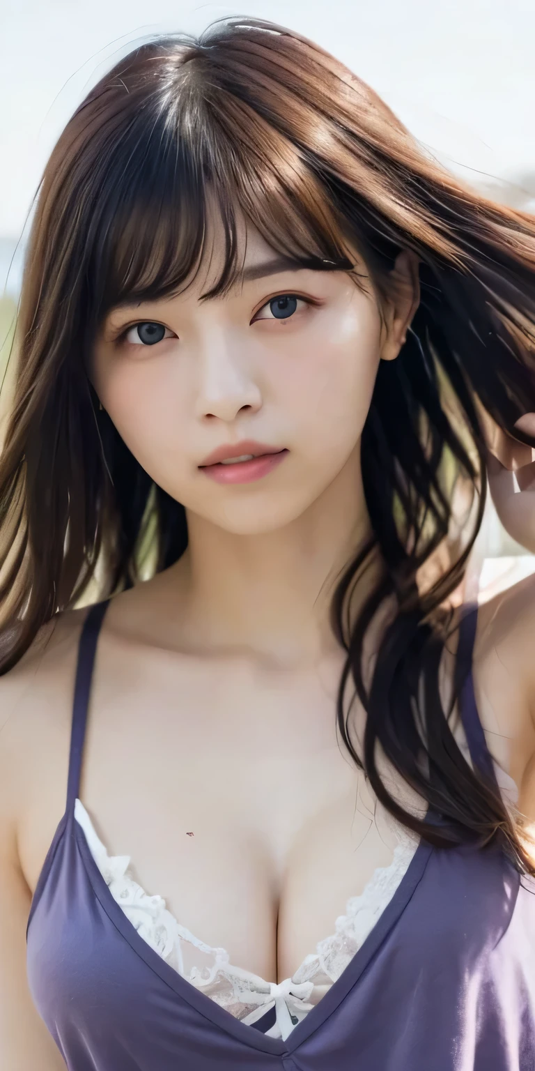 masterpiece、Highest quality, Ultra-high resolution、8k，photograph、1 person, (Skin dents), {{Large Breasts:1.4}}, bright, Blurred Background, (Asymmetrical bangs, Please comb your hair、very long wavy hair:1.5),   (Floating Hair:1.0)、（Gathered camisole that fits snugly around the chest）、（Vivid pastel light purple gathered camisole）、Saggy breasts、Heterochromia iridis、sad、grassland、Spring Sky、Soft sunlight
