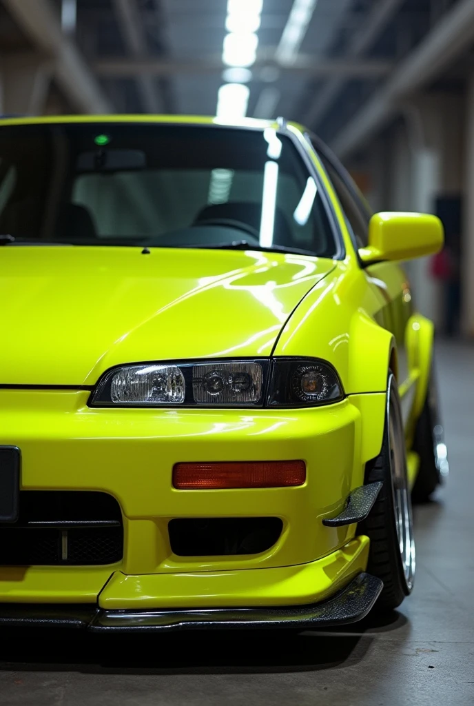 Um Civic G6 2000 LX, in neon yellow color, with silver Volcano Advance model wheels, with fog light installed and chameleon lights.