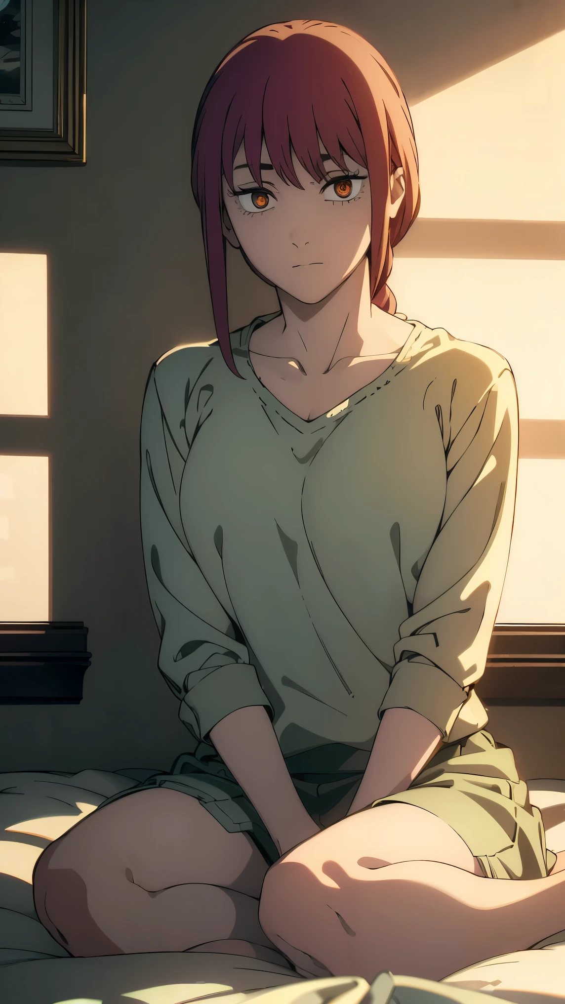 (masterpiece),(best quality),(ultra-detailed),(extremely detailed cg),(a extremely delicate),(perfect lighting), (8k),(dynamic angle),(sharp image), vibrant colors, female, masterpiece, best quality, depth of field, cinematic lighting, masterpiece, best quality, ultra-detailed, looking at viewer, room background, sitting, Piledriver, legs spread, arms above head, side bangs, braided ponytail, long hair, ringed eyes, stoic expression, red hair, collarbone