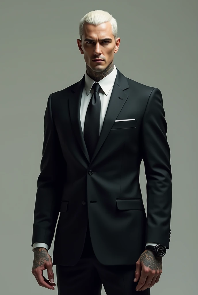I want to raise a man who has confidence, posture and communication of authority, reserved behavior, insensitive and distant, deep look as if shooting the soul, high of 1.83cm, arms and hands with bulging veins, tattoo all over the body except the face, medium hair, smooth and well cared for, pale hair, symmetrical facial features, wearing a suit and a black digital watch on his wrist, ectomorph body type