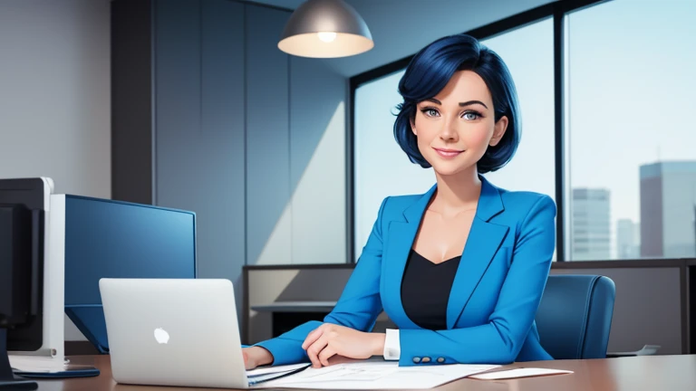 pixar-style cartoon picture, Insurance manager 30-year-old white Caucasian woman in a modern office setting with blue suit looking straight into the camera, Energetic, warm, friendly, satisfaction, cosy, elegant, closed-mouth smile, flirtatious caucasian, perfect skin, moderate makeup, 8k professional photo, perfect composition, endless detail