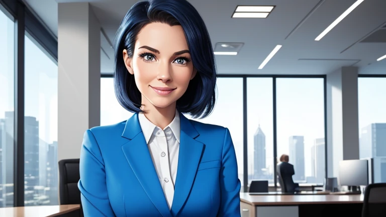 pixar-style cartoon picture, Insurance manager 30-year-old white Caucasian woman in a modern office setting with blue suit looking straight into the camera, Energetic, warm, friendly, satisfaction, cosy, elegant, closed-mouth smile, flirtatious caucasian, perfect skin, moderate makeup, 8k professional photo, perfect composition, endless detail