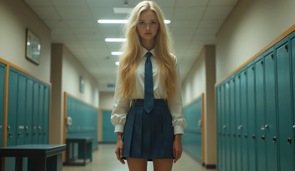 caucasian blonde slim giantess in a school uniform
