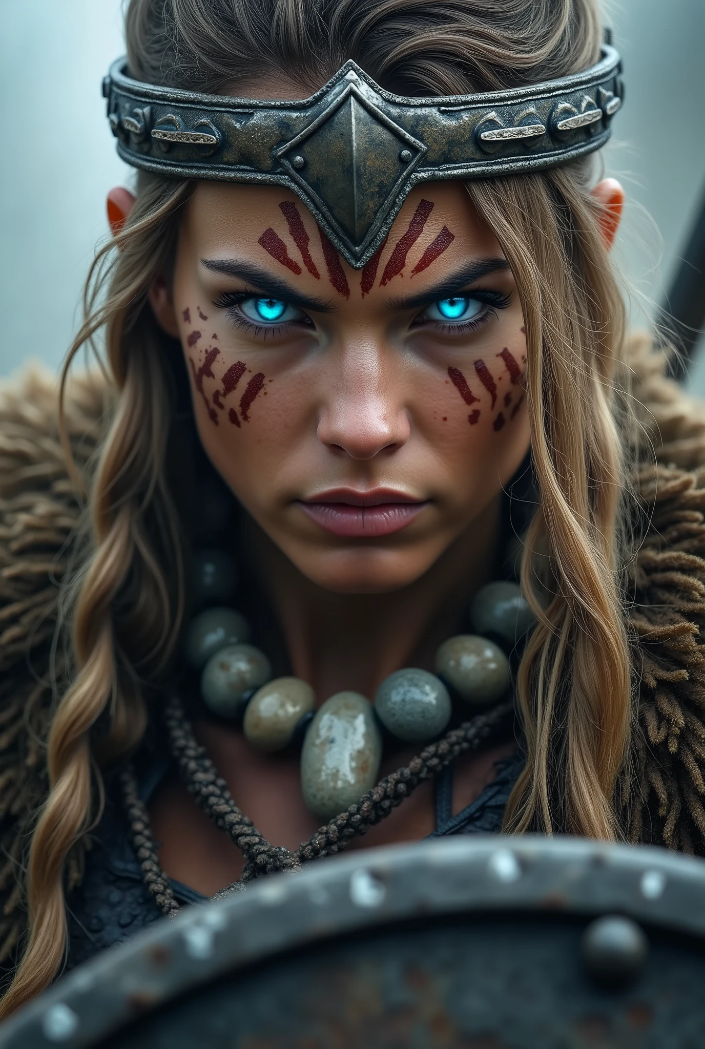 Close up face beautiful viking woman, axe and shield in hand , strong blue light in the eyes, war crown , tribal design on the eyes, Angry, stone necklace on neck, battle armor, with hate, focused