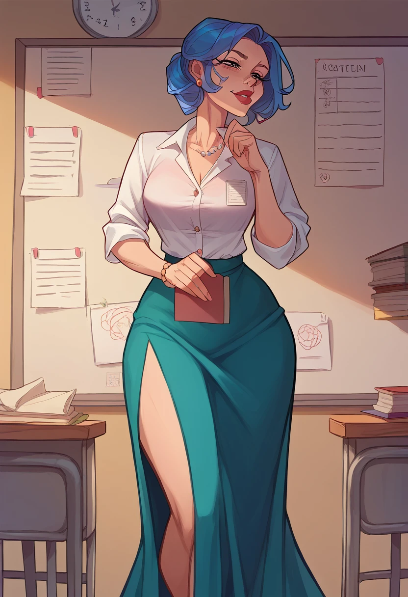 girl, old age, blue hair, long skirt visual novel character, teacher, fat