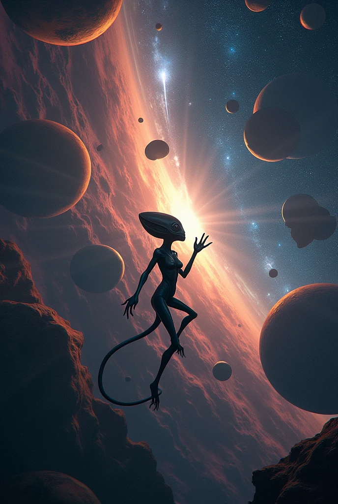 An alien smoking marijuana in space, with planets and galaxies and stars, floating in space Let many planets be seen,, that constellations and the planet Earth can be seen in the background