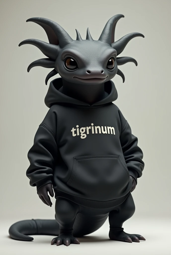 I want a serious black axolotl with a sweatshirt that says TIGRINUM
