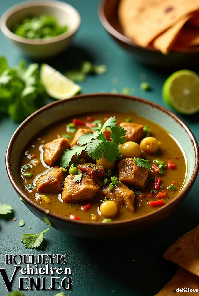 Create a vibrant, high-quality image of a delicious "Hatch Chicken Chile Verde" dish. The image should showcase a bowl of this flavorful Mexican-inspired stew, featuring tender chicken pieces, roasted Hatch chiles, and a rich green sauce with visible spices. Surround the bowl with fresh ingredients like cilantro, lime wedges, and warm tortillas to enhance the visual appeal. Add the text "Hatch Chicken Chile Verde Recipes" prominently in a stylish, appetizing font. Include a subtle watermark in the bottom corner with the text "Delicious Menu".