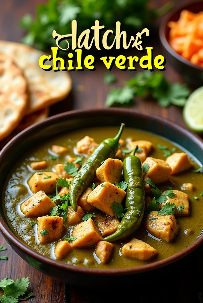Create a vibrant, high-quality image of a delicious "Hatch Chicken Chile Verde" dish. The image should showcase a bowl of this flavorful Mexican-inspired stew, featuring tender chicken pieces, roasted Hatch chiles, and a rich green sauce with visible spices. Surround the bowl with fresh ingredients like cilantro, lime wedges, and warm tortillas to enhance the visual appeal. Add the text "Hatch Chicken Chile Verde Recipes" prominently in a stylish, appetizing font. Include a subtle watermark in the bottom corner with the text "Delicious Menu".
