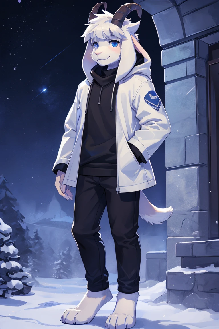 a boy, teenager, alone, Asriel, Undertale (Asriel Dreemurr), smile, eskimo coat (blue coat), tall, hairy, anthropomorphic, blue eyes (black shirt, black pants), goat's foot, paw with metacarpus ((short tail, anthropomorphic tail, short tail, furry tail, goat tail, anthro, furry tail, furry)), hair (bangs on the right side), barefoot, short horns. ((Detailed, detail on tail, short tail, details on face, better quality))